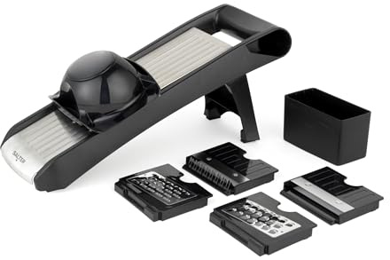 Salter Expert Chef's Mandoline – 4 austauschbare Klingen, Edelstahl, 35x12x8,3 cm, einfach zu bedienendes Einstellrad, einstellbare Dicke, Reiben/Schneiden/Julienne, faltbar, Fingerschutz, Schwarz