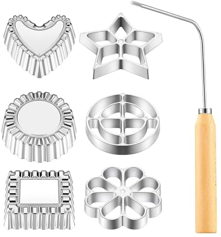 DUZEPA 7 Pcs Rosette Iron Waffle & Bunuelos Mould Set – Wooden Handle Traditional Baking Mould for Cakes/Pastries