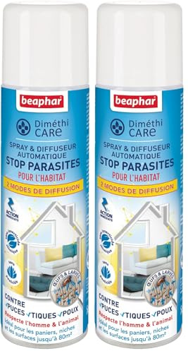 Beaphar – DIMETHICARE – Spray et diffuseur Automatique Stop parasites pour l’Habitat Jusqu’à 80m2 – 2 Modes de Diffusion – Contre puces/tiques/poux – sans Pesticide et Insecticide Chimique – 250ml