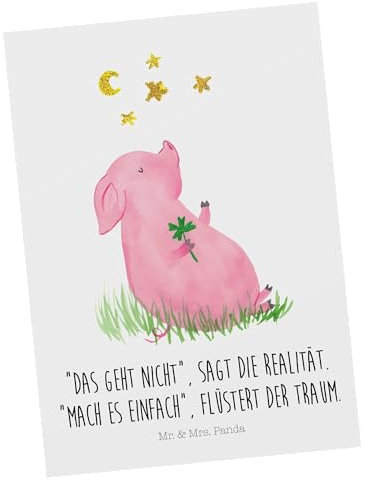 Mr. & Mrs. Panda Postkarte Schwein Glück - Geschenk, Geschenkkarte, Grußkarte, Einladung, Gute Laune, Tiere, lustige Sprüche, Schweinchen,