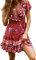 ZESICA Damen Sommer Wickelkleid V Ausschnitt Bohemian Blumendruck Rüschen Swing A Linie Strand Minikleid, rot, Mittel