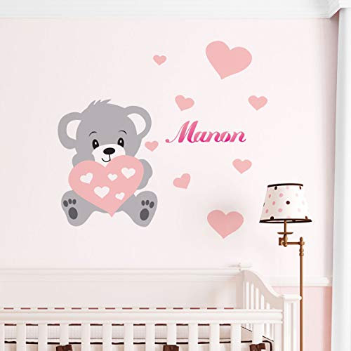 Ambiance Sticker col-VP002+col-inc-alfa030 Adesivo con nome personalizzato, motivo: orsetto, decorazione da parete per camera dei bambini, 2 fogli da 30 x 35 cm e 50 x 30 cm, colore: rosa