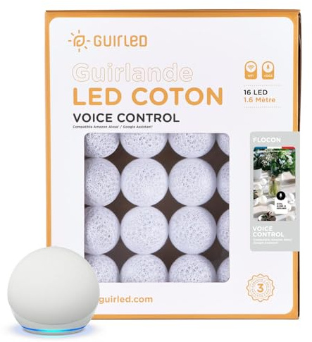 GuirLED - LED Baumwollkugeln Lichterkette WIFI USB - Sprachsteuerung - Connected Home - Amazon Alexa & Google Assistant - 2xUSB-Netzadapter enthalten - 16 Kugeln 1,6m - Flocke