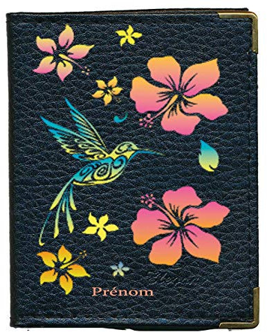 Syl'la Colibri Hibiscus Orange Etui pour Carte Fidelite en Cuir pour Femme Personnalise avec prenom Noir