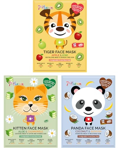 7th Heaven Animal Sheet Face Mask Multipack for Kids & Teens, 3 Hydrating Gentle Prints for Sensitive Skin, Tiger Kitten Panda Pamper Gift Set for Sleepovers, Party Bags & Fun Skincare Treats