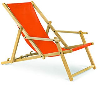 BAS Holz Sonnenliege Strandliege Liegestuhl aus Holz 3 Stufen Klappbare Gartenliege mit Armauflagen orange