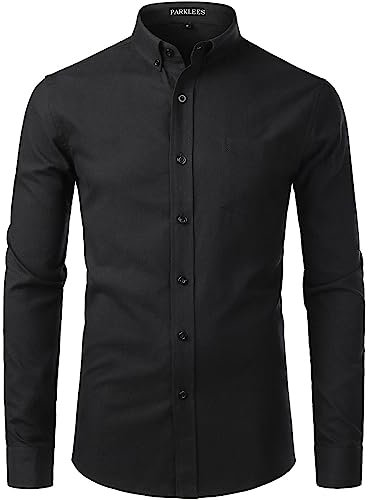 PARKLEES Men's Slim Fit Long Sleeve Smart Casual Button Down Oxford Shirts PZ111 Black XL