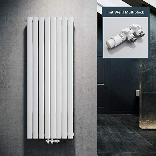 ELEGANT Design Heizkörper Flach 1600x616mm mit Weiß Multiblock Thermostat Flachheizkörper Weiß Doppellagig Vertikal Heizkörper Mittelanschluss
