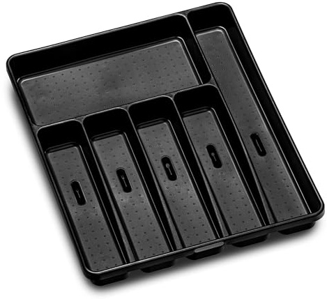 madesmart Storage Tray, Black, 6 Compartment Expandable | non slip feet, rounded corners, branded icons, soft grip lining, forks knives spoons, flatware sorting, woman owned