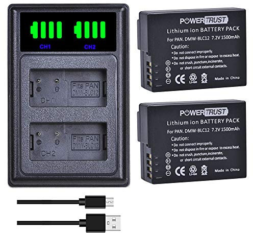 PowerTrust 2Pcs DMW-BLC12 DMW BLC12E Battery and Charger for Panasonic Lumix DC-G95 /DC-G90 DMC-FZ2500 DMC-FZ1000 FZ1000 II DMC-GH2 FZ300 FZ200 G85 G5 G6 G7 GX8 G85