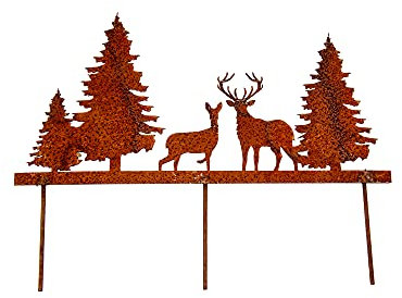 Gartenstecker Waldszene Rost Gartendeko für Außen Dekoration Edelrost Rostoptik Metall Rostige Hirsch REH Waldtiere Wildtiere Figur Tiere Beetstecker 27 x 35 cm