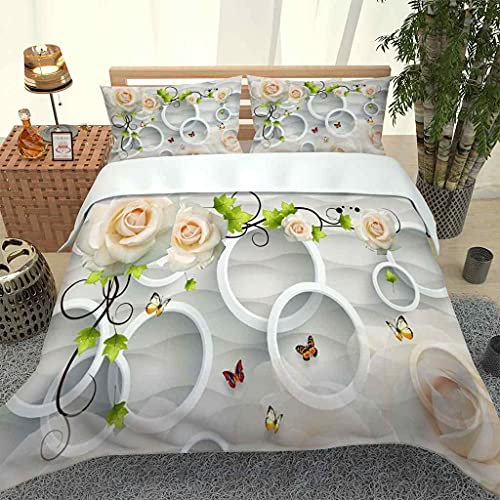 MUCXBE Duvet Cover Set Single Bedding Yellow Rose Butterfly Pattern 3 Pcs Soft Silky Microfiber Duvet Cover 135x200cm With Zipper Closure And 2 Pillowcases Easy Care Quilt Bedding Sets