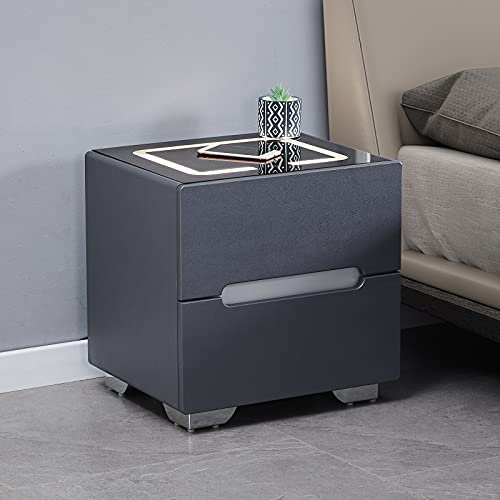 CLIPOP Bedside Table for Bedroom Wooden Smart Night Stand with Wireless Charger and 3 Color Touch Control LED Light,Chest of 2 Drawer Bedroom Storage Cabinet Furniture