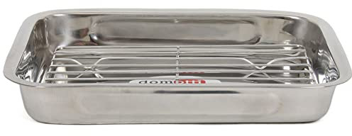 DOMOTTI Bräter mit Rost 40 x 28,5 x 5 cm Ofenform Backform Edelstahl Auflaufform mit Gitter Grill silber rechteckig