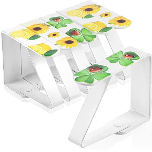 com-four® 6X Tischdeckenklammer mit Motiven - Tischklammern mit Zitronen, Kleeblättern und Sonnenblumen - Tischtuchklammer für drinnen und draußen