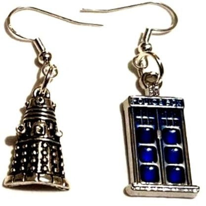 Silver Knight Mismatched Dr Who Dalek and Tardis Earrings on Sterling Silver Hooks, Cosplay Earrings, Science Fiction Fan Earrings, Robot and Phonebox, silver and blue, 5mm drop