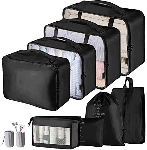 DanLink 9 Stück Packwürfel Set, Koffer Organizer Set mit Waschbecher, leichtes Kleidertaschen Set für Rucksack und Koffer Schwarz