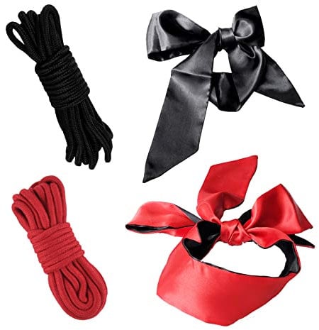 4 set di 2 corde in morbido cotone, 5 m di lunghezza, 8 mm di spessore, multiuso, resistenti, lunghe (nero/rosso) + 2 mascherine per occhi in raso di seta per dormire (nero rosso)