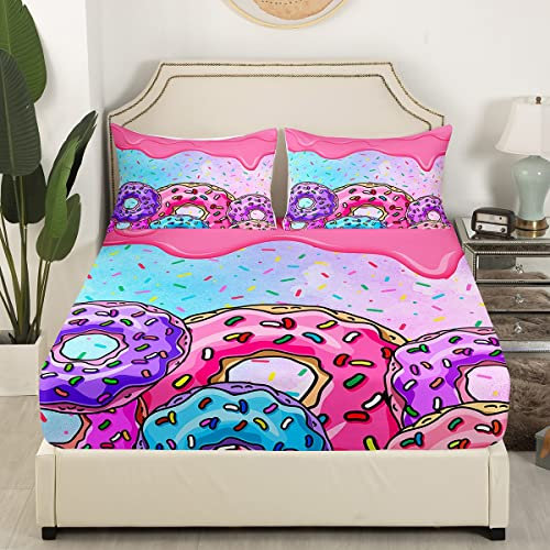 Kawaii Donut-Bettwäsche-Set für Doppelbett, süßes Donut-Bettwäsche-Set für Mädchen, Teenager, Schlafzimmer, Dekoration, Kinder, rosa und violett, Spannbetttuch, weiche Mikrofaser, köstliches