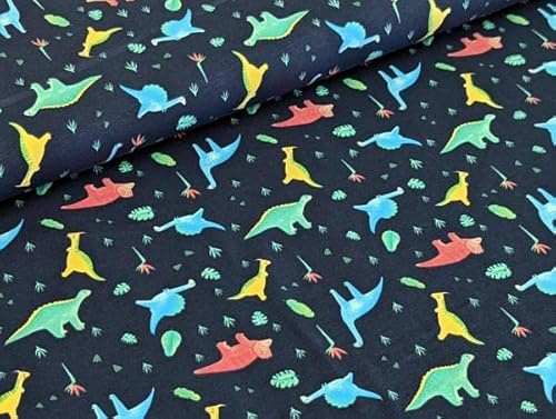 Baumwolljersey Kleine Neon Dinos auf Dunkelblau Stoff Meterware Jersey Kleiderstoff