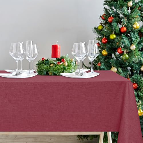 DWCN Rot Tischdecke Weihnachten Leinenoptik Abwaschbar Tischwäsche Wasserabweisend Tischtuch für Esszimmer, Garten, Party, Hochzeiten oder Haushalt,135x160cm