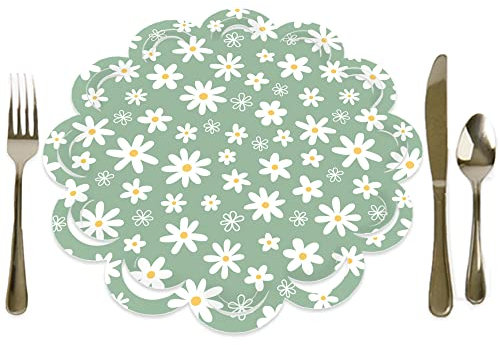 Big Dot of Happiness Sage Green Daisy Flowers - Floral Party Round Table Decorations - Paper Chargers - Place Setting For 12