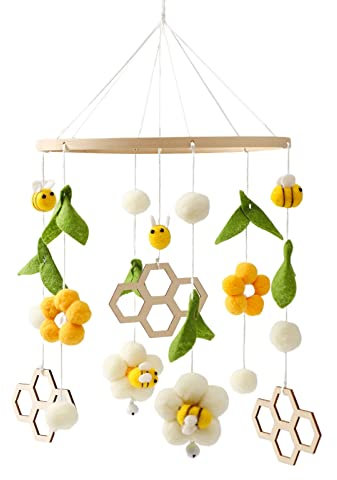 Mobile Baby Holz + Wollknäuel, Frische Blumen und Bienen, Windspiel Rassel Wickeltisch, Kinderzimmer Hängende Bettglocke, Neugeborenen Geschenk für Baby (Biene + Wabe)