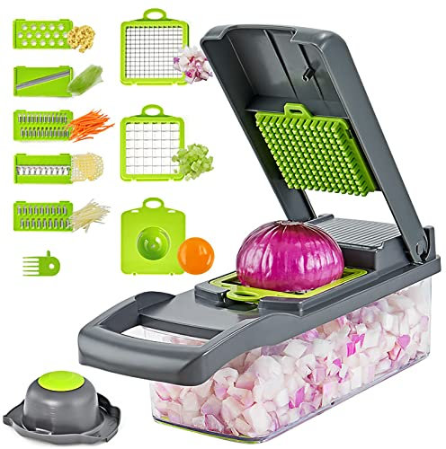 12 In 1 Gemüseschneider,Multifunktion Gemüse Schneider,Zwiebelschneider mit 7 Austauschbare Klingen & Handschutz,Vegetable Chopper für Hobeln von Obst Gemüse,Karotte,Kartoffel