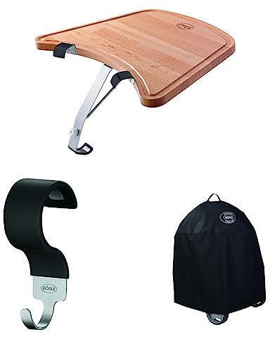 RÖSLE Ablagetisch Kugelgrill, Hochwertiger Buchenholztisch & Hakenset, Hochwertige Haken für RÖSLE Kugelgrill No.1 F50/F60/F50 AIR/F60 AIR/G60 & Holzkohle-Kugelgrill Abdeckhaube No.1 F60/F60 AIR/G60
