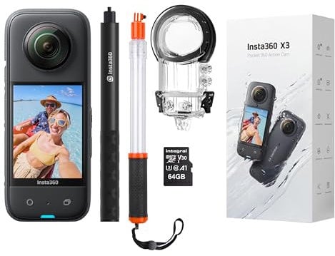 Insta360 X3 - Kit de cámara de acción de 360 Grados Que Incluye Carcasa Impermeable de 50 m + Palo Selfie Invisible + Palo Selfie Flotante Transparente + Tarjeta de Memoria Micro SDHC de 64 GB