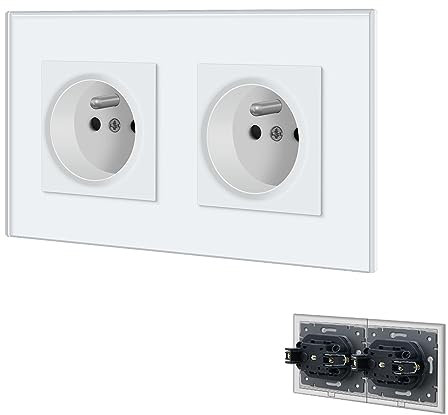 BSEED Prise Murale,Prises electriques Standard avec des griffes,16A 110-250V Double Prise de Courant Alternatif avec Panneau en Verre Cristal,Prise Encastrable, pour Bureau à Domicile(2 Prise,Blanc)