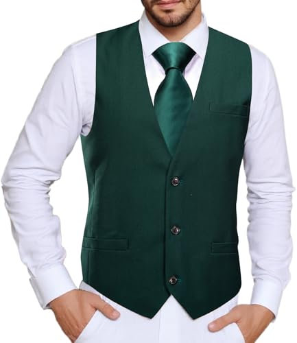 Hi-Tie Herren-Anzugweste mit V-Ausschnitt, schmale Passform, 3 Taschen, formell, lässig, Smoking für Hochzeit oder Business, Dunkelgrün, X-Large