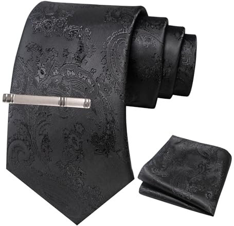 JEMYGINS Herren Paisley Krawatten set mit Krawattenklammer und Einstecktuch,Schwarz