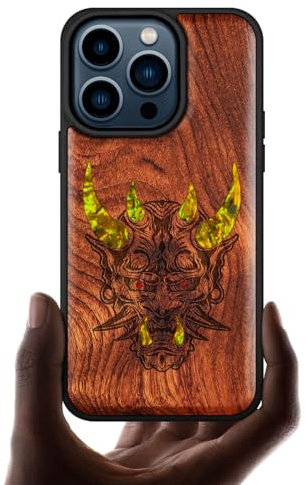 Carveit Designer Wooden Protective Case for iPhone 15 Pro Magnetic Case Cover [Wood Engraving & Shell Inlay] Compatible with 15 Pro MagSafe Case (Japanese Oni Mask-Red Wood)