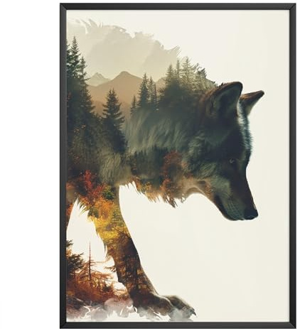 MJ-GRAPHICS - Poster Wolf - Bild mit Naturlandschaft 2 in 1 - Wandbild Din A2 in Galerie Qualität mit extra dickem 300g Posterpapier - Wald in Wolf - FineArt Kunstdruck ohne Bilderrahmen