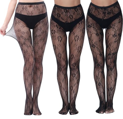 Ninnyi 3PCS Patterned Tights for Women Uk, Black Lace Fishnet Stockings, Fashion Floral Pattern Pantyhose