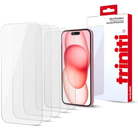 TRINITI 5-Pack, Full Coverage Screen Protector designed for iPhone 15, 6.1-Inch, Anti Scratch, Impact Protection, 9H Hardness Tempered Glass Film Case-Friendly, HD Clear