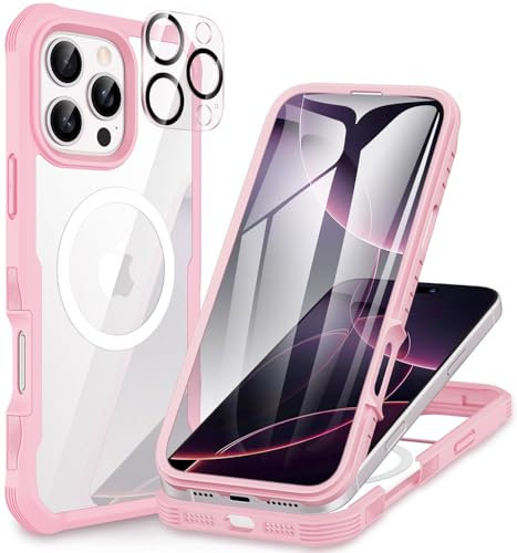 CENHUFO Compatible with iPhone 16 Pro Case Fits for Magsafe, Built-in Glass Screen Protector with Camera Lens Protector, 360 Full Body Protective Phone Case for iPhone 16 Pro 6.3 Inch -Pink
