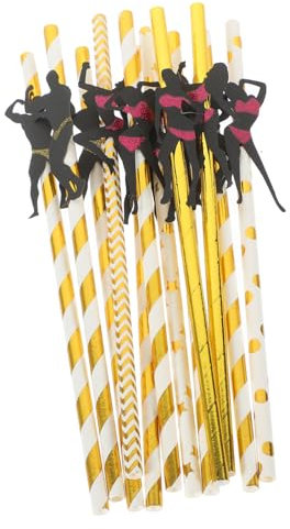 LABRIMP 12pièces Pailles Décoratives Pour Enterrement De Vie De Garçon Pailles Cartoon Rigolotes Design Rayures or Et Rose Accessoires Photo Pour Fête