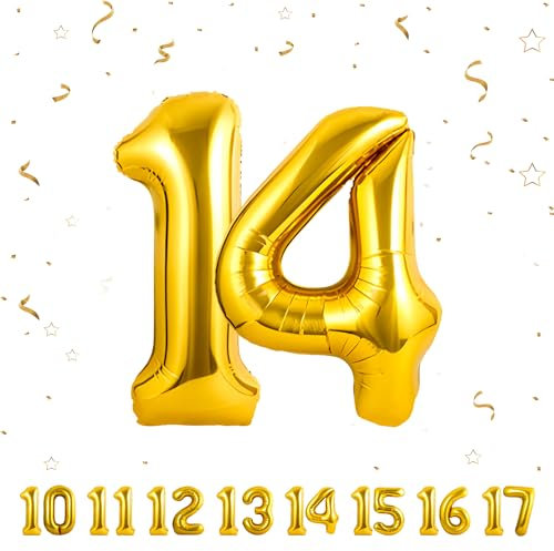Geburtstag zahlen luftballon 14 jahre | Folienballon Gold- Folienballon in 40-101cm Geburtstagsdeko - Ballon Zahl Deko zum Geburtstag fliegt mit Helium für Mädchen Junge 14.Geburtstags