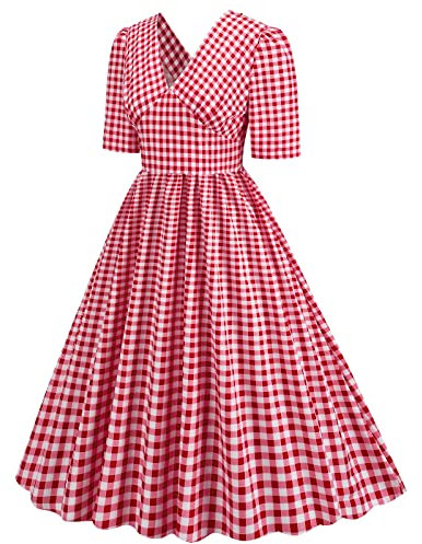 Robe Grande Taille Femme Imprimerie à Carreaux, Robe Vintage Sexy-Robe De Soirée Longue Femme Col V Manche Courte Dresses Taille Haute Mode Chic Basique la Grâce DéContracté Slim Swing Robes