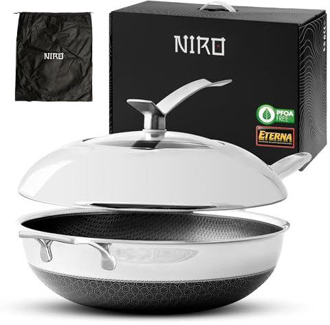 NIRO Wok Antiaderente Triplo Strato (Acciaio Inox + Alluminio) Ø32cm, COPERCHIO INCLUSO, Antigraffio, NO PFOA, Per Piano Cottura Induzione, Ceramica, Elettrico, Gas, Forno, Manico Anti Scottatura