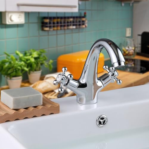 Retro Bad Waschbecken, Doppelhebel Waschtischbatterie, Retro Cross Bad Mischbatterie, Messingkern Chrom Wasserhahn, für Bad Küche, Silber