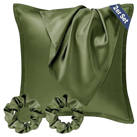 Seiwohl Satin Kissenbezug 80x80 2er Set, Weich wie Seidenkissenbezug Silk Pillowcase, Vegane Seide Kopfkissenbezug Kissenhülle Seidenkopfkissen für Haar und Haut mit Haargummis, Olivgrün