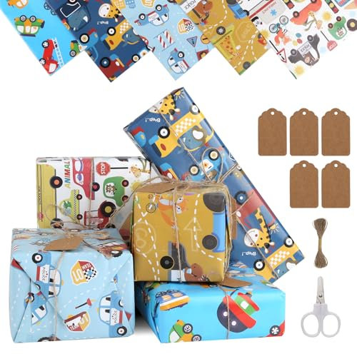 RISF 5 Stück Auto Geschenkpapier Kinder (mit Etikett Karte, Schnur, Schere), Geschenkpapier Geburtstag Cartoon, Geschenkpapier Set für Einwickeln von Geburtstagsgeschenken, Snacks, Party Dekorationen