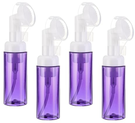 QUARKZMAN 4pcs 60ml Botella de Espuma con Cepillo, Dispensador de Bomba de Limpiador Facial con Cepillo de Masaje de Plástico Transparente para Jabón Champú Gel Viaje, Morado