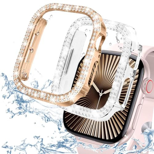 DEALELE Confezione da 2 custodie per orologi compatibili con Apple Watch Series 10 42 mm, con brillantini e strass, per uomo e donna (42 mm, oro rosa + trasparente)