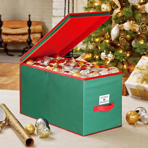 Just for Christmas Bauble Storage Box - 4 Layer Christmas Decoration Storage Box with Lid, Cardboard Dividers Stores 96 Baubles, Front Handle & Foldable Design for Xmas Ornament Storage