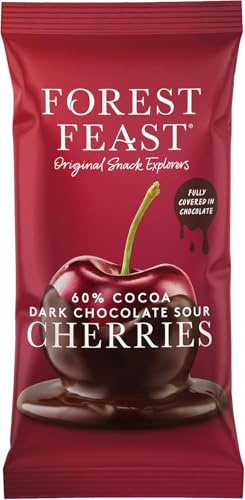 FOREST FEAST 60% Cocoa Dark Chocolate Sour Cherries Pack 12 x 40g - Sweet Dried Cherries Chocolate Covered Fruit Snack with 60% Belgian Dark Chocolate, Gluten Free & Vegan Friendly Snack