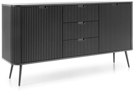 Lomadox Sideboard Anrichte Kommode Schrank schwarz mit Rillen gerillt Metallfüßen in schwarz Türen Schubladen 168x87x39 cm